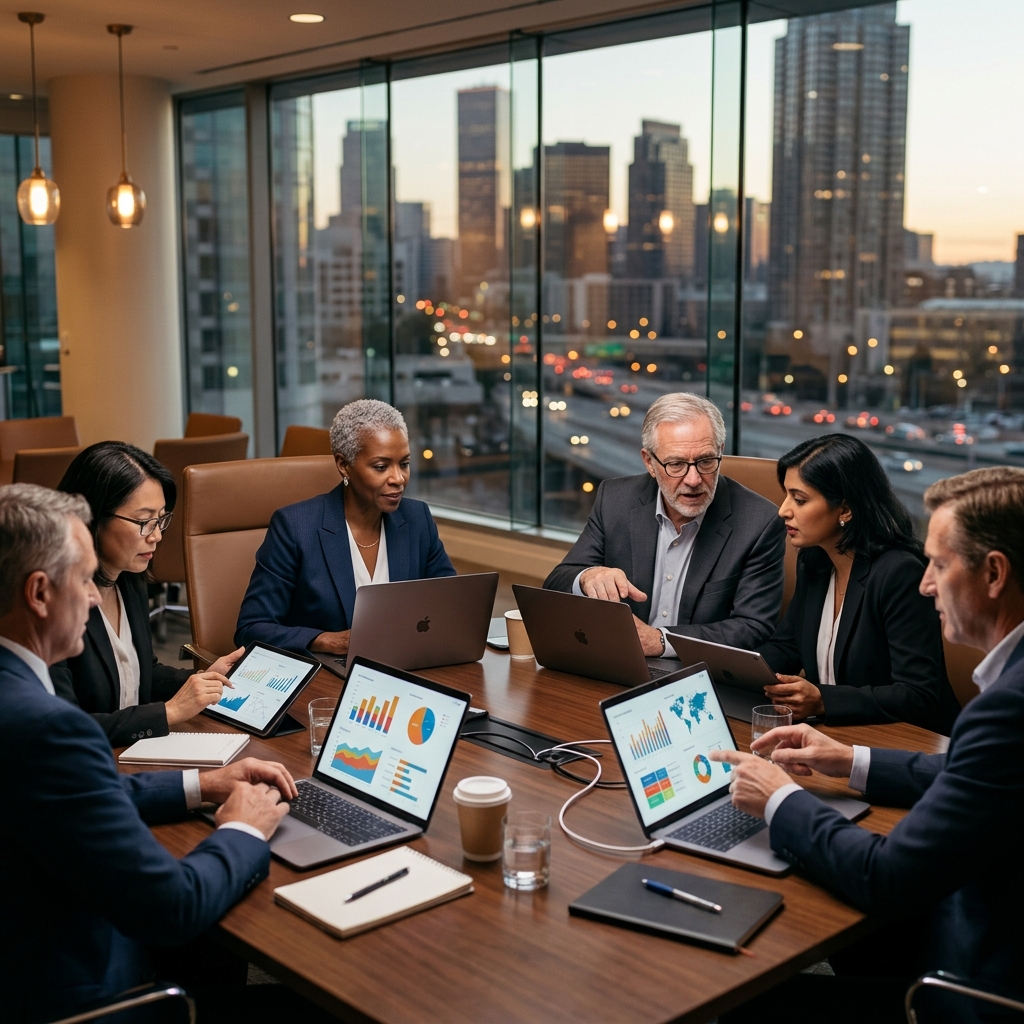 Senior industry strategy consultants working in executive meeting room